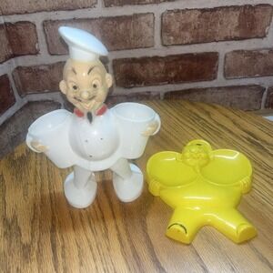 Vintage 1950's Jolly Chef Salt Pepper Shaker Holder and Yellow spoon rest